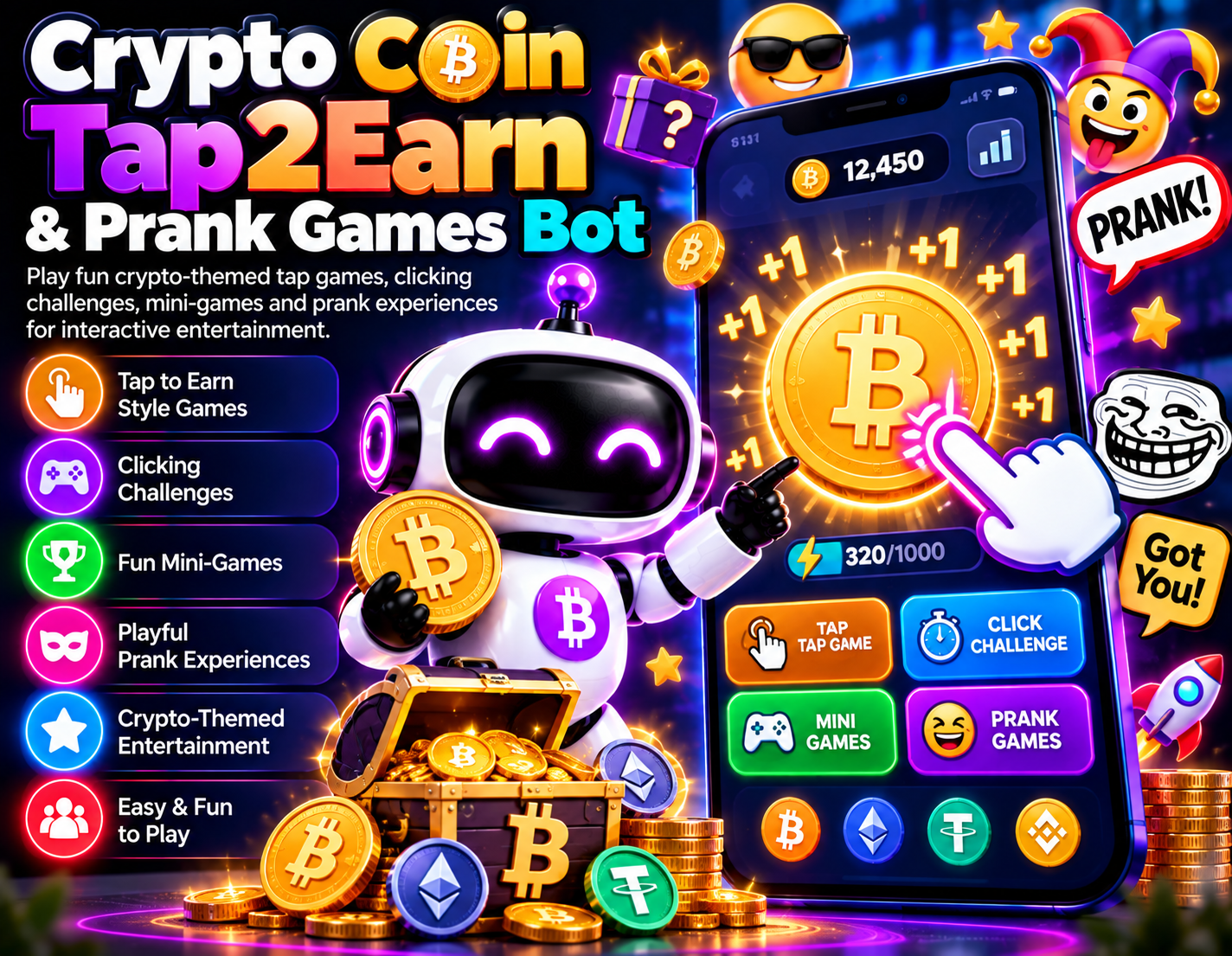 Crypto Coin Tap2Earn & Prank Games Bot
