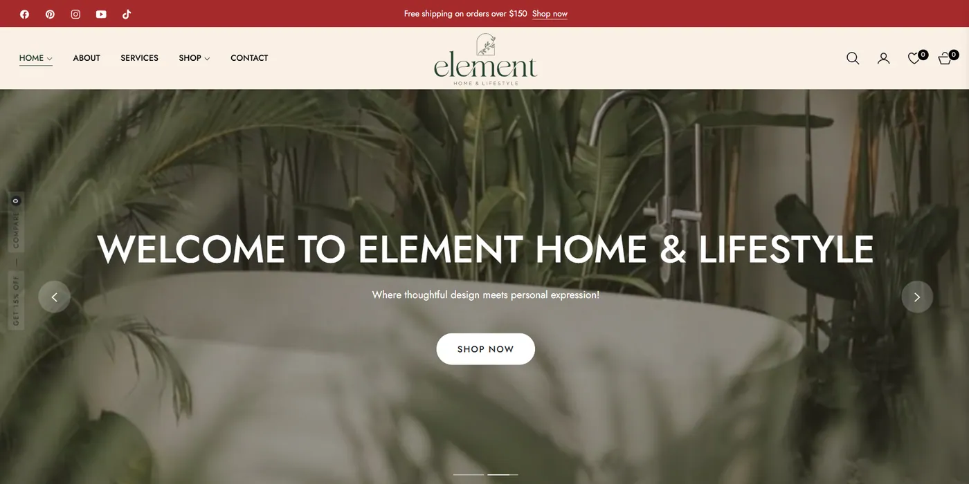 Screenshot of the Homepage page of Element Home Lifestyle