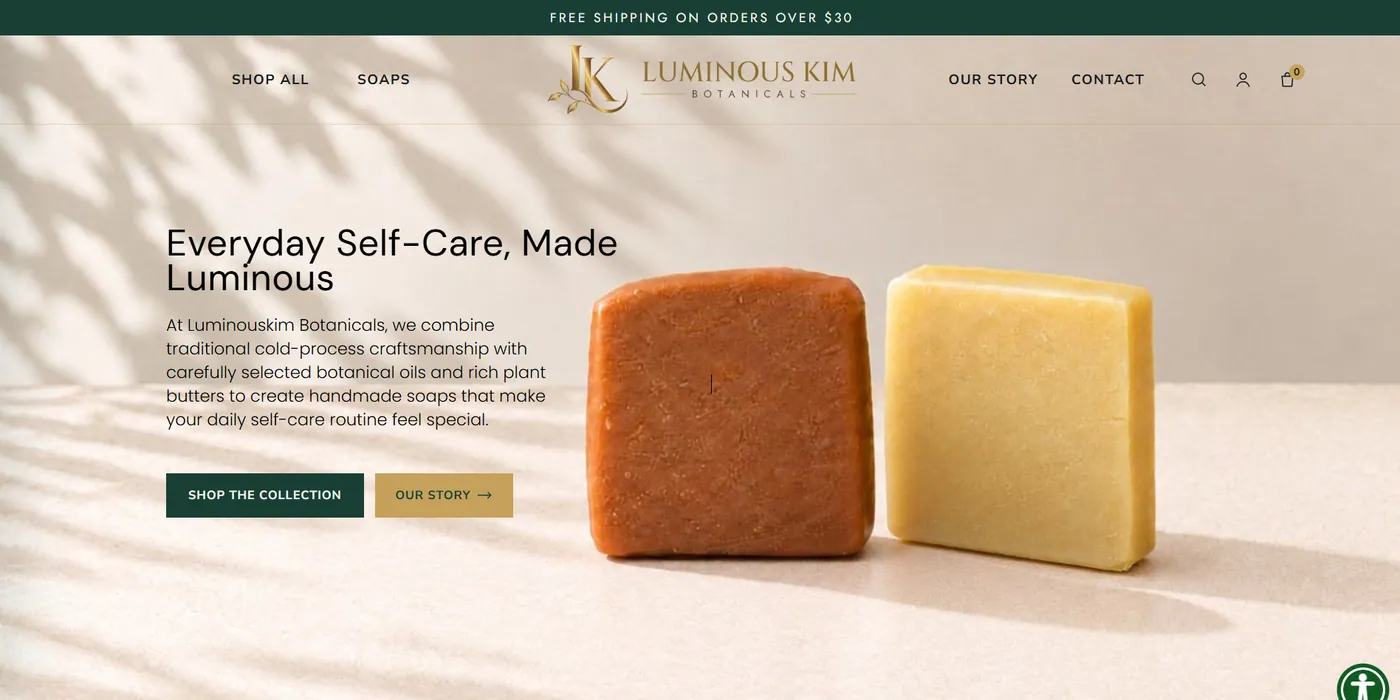 Screenshot of the Homepage page of Luminous Kim Botanicals