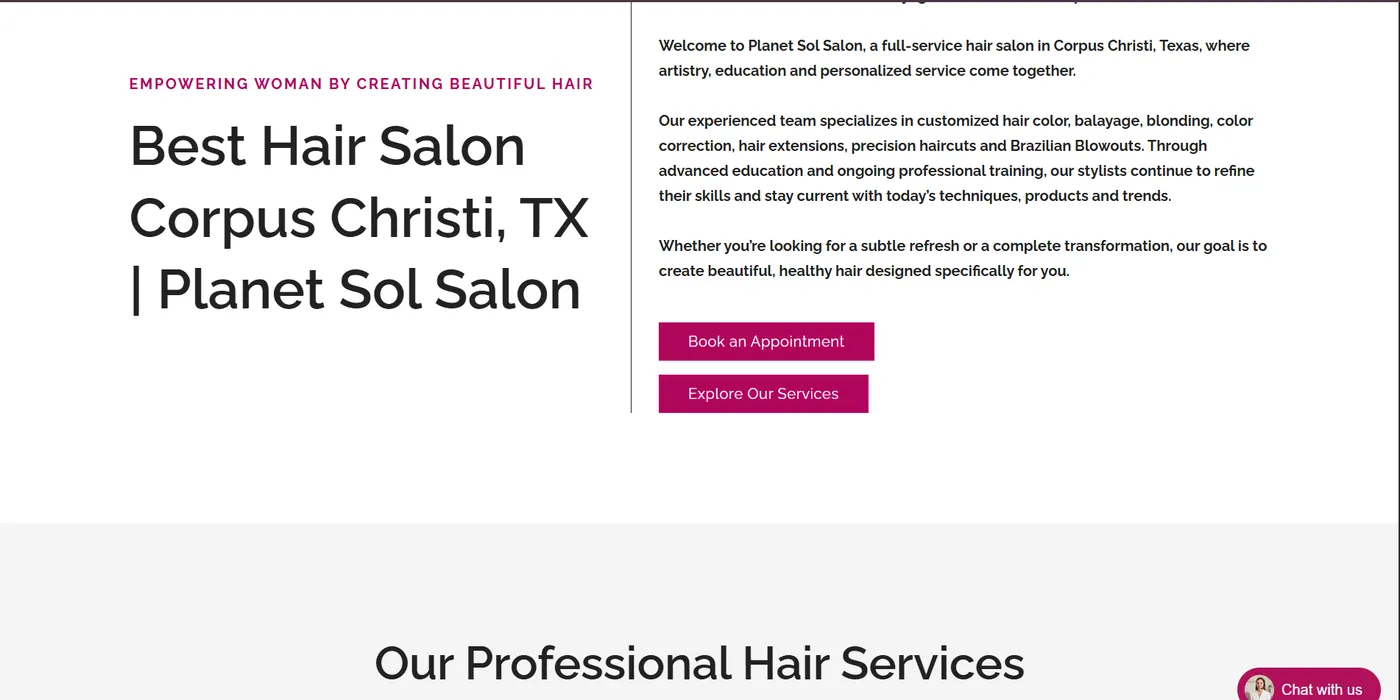 Screenshot of the Homepage page of Planet Sol Salon